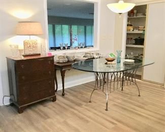 Unusual antique ladies desk (opens to pigeon holes) & modern glass top table