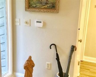 Jesus, Asian umbrella stand with vintage umbrellas, oil painting 