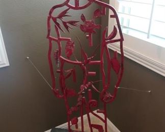 Rhonda Roland Shearer metal sculpture                                          
52 x 17 x 6
Base 25 x 16 x 8
blue red patina
Anthrpocentrism Study #8
1991
commissioned through Wildenstein & Co Gallery NY, NY
