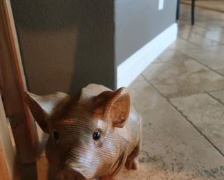 Solid wood pig made in England.  I named him Wilber.