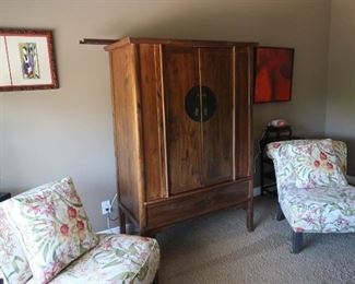 Primitive Asian Antique and a pair of Ethan Allen chairs with perfectly matching upholstery you would expect from Ethan Allen
