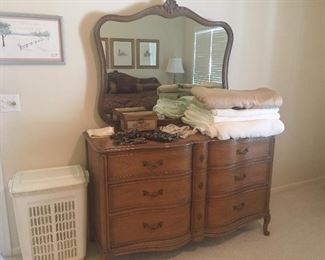 Drexel Touraine dresser and mirror, linens