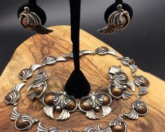 Beautiful vintage Taxco Mexico sterling silver and copper jewelry set, 50% off