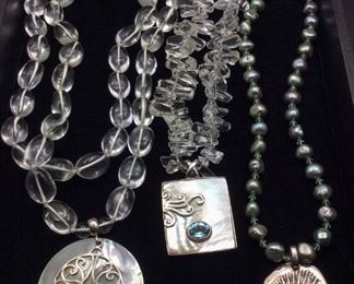 Beautiful statement necklaces with rock crystal, shell and blue topaz, 50% off