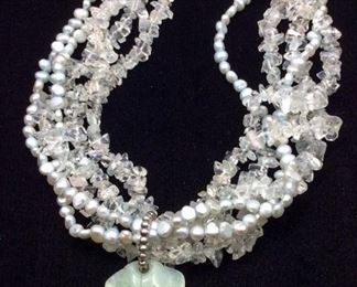 Statement necklace with rock crystal, freshwater pearls and natural stone pendant, 50% off