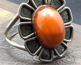 Amazing floral cuff bracelet with butterscotch amber center, 50% off