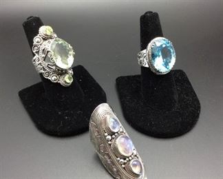 Wonderful sterling silver statement rings with prasiolite / peridot, blue topaz and moonstone, 50% off