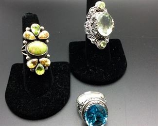 Sterling silver statement rings with turquoise / citrine / peridot, prasiolite / peridot, blue topaz, 50% off