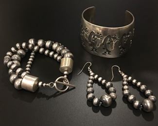 Multi-strand bracelet SOLD - sterling silver Native American Hopi statement cuff bracelet and artisan-made Navajo pearl chandelier earrings, all 50% off
