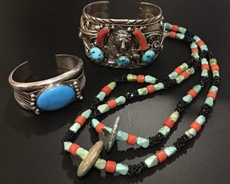 Necklace has SOLD - sterling silver Native American bear themed cuff bracelet with turquoise and coral and natural stone cuff bracelet, 50% off