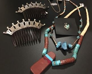 Sweater clip and heart pendant SOLD - vintage sterling silver crown motif hair combs, rustic Native American necklaces, all 50% off