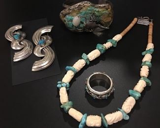 Unique vintage Native American jewelry including pair of barrettes with turquoise accents, scorpion statement bracelet, spinner skull ring, turquoise nugget necklace, all 50% off