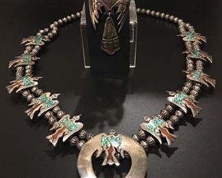 Bird pin SOLD - vintage sterling silver Native American chip inlay squash blossom necklace, 50% off