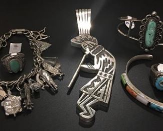 Kokopelli pendant and snake ring SOLD - vintage charm bracelet and vintage Native American jewelry, 50% off