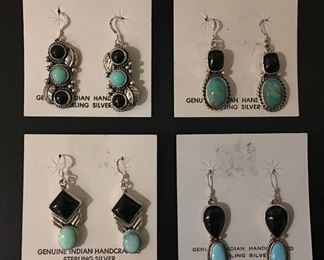 Native American sterling silver earrings with genuine turquoise and onyx, 50% off