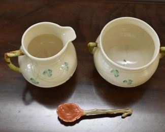 Belleek Shamrock Creamer & Open Sugar