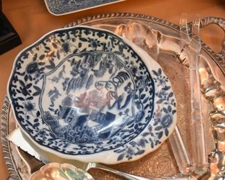 Blue & White Bowl (Blue Willow), Silver Plate Serving Platter