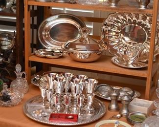 Silver Plate Serving Pieces, Goblets, Trays, Etc.