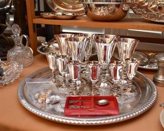Silver Plate Serving Pieces, Goblets, Trays, Etc.
