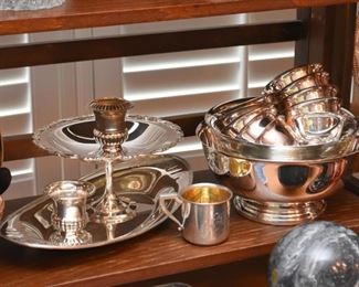 Silver Plate Serving Pieces, Goblets, Trays, Etc.