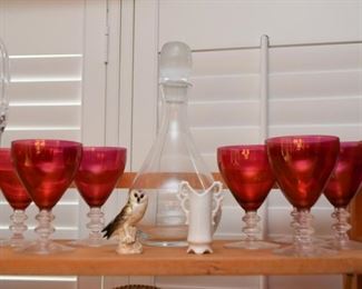 Ruby Glass Stemware, Decanter, Owl Figurine