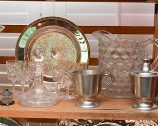 Glassware, Silver Plate, Pewter Creamer & Sugar