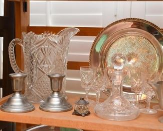 Glassware, Silver Plate, Pewter Candlesticks