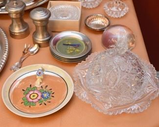 Lusterware Plate, Pressed Glass Cheese Dome, Salt & Pepper, Coasters, Etc.