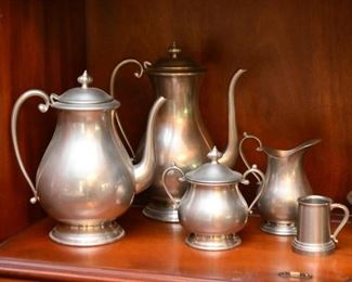 Pewter Teapot, Coffee Pot, Creamer & Sugar
