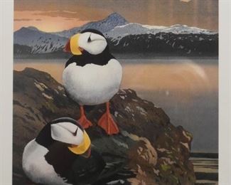Framed Puffins Print, Signed