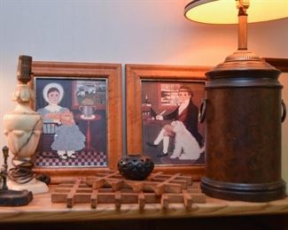 Table Lamps, Framed Prints, Black Mexican Pottery