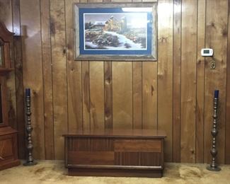 Cedar Chest Mid Century Design, Brass Floor Candlesticks, Print