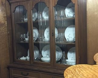 Holman Mid Century Modern China Cabinet/Hutch, China Japan Bamboo Pattern Service for Twelve, Bamboo Crystal Stemware