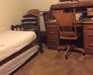 Oak Roll Top Desk, Trundle Bed, Throw Pillows