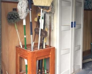 Assorted Household Cleaning Tools, Hose, Heavy Plastic Cabinets, Framed Puzzles