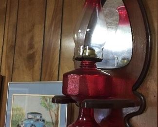 Hurricane Lamp Red with Wooden Back Mirror, Model A Ford Hand Drawn Art