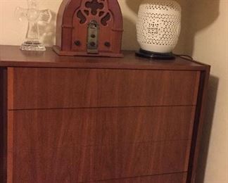 Mid Century Modern Danish High Boy Chest of Drawers, Japanese Style Table Lamp, Reproduction Radio, Crystal Cross