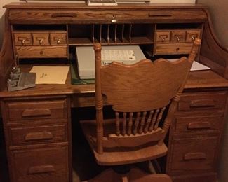 Oak Crest Roll Top Desk, Oak Desk Chair, Typewriter