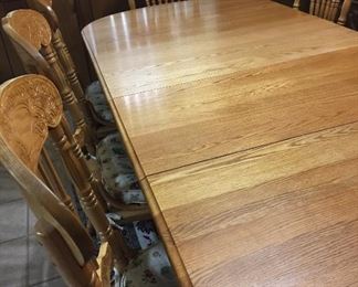 Oak Dining Table Seats Up to Eight, Two Large Leaves, Eight Chairs