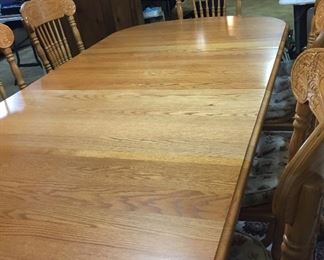 Oak Dining Table Seats Up to Eight, Two Large Leaves, Eight Chairs