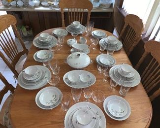 Fine Seyei China Nagoya Japan Service for Twelve Bamboo Pattern, Crystal Stemware Bamboo Etched, Oak Dining Table Seats Up to Eight, Two Large Leaves, Eight Chairs
