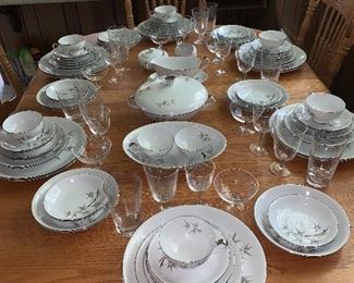 Fine Seyei China Nagoya Japan Service for Twelve Bamboo Pattern, Crystal Stemware Bamboo Etched, Oak Dining Table Seats Up to Eight, Two Large Leaves, Eight Chairs