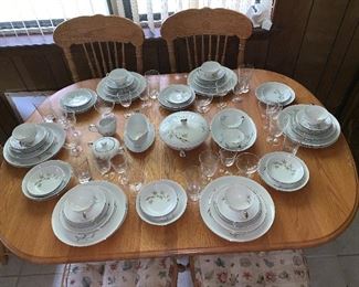 Fine Seyei China Nagoya Japan Service for Twelve Bamboo Pattern, Crystal Stemware Bamboo Etched, Oak Dining Table Seats Up to Eight, Two Large Leaves, Eight Chairs
