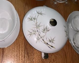 Fine Seyei China Nagoya Japan Service for Twelve Bamboo Pattern, Crystal Stemware Bamboo Etched, Oak Dining Table Seats Up to Eight, Two Large Leaves, Eight Chairs