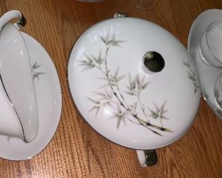 Fine Seyei China Nagoya Japan Service for Twelve Bamboo Pattern, Crystal Stemware Bamboo Etched, Oak Dining Table Seats Up to Eight, Two Large Leaves, Eight Chairs