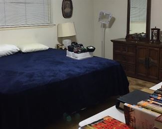 King Size Bed with Frame, Lamp Quilt, Japanese Style Porcelain Lamp, Magnifying Floor Lamp, Vintage Cameras