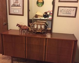 Mid Century Modern Danish Dresser with Mirror, Lighted Stagecoach, Needlepoint Tennessee