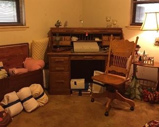 Oak Crest Roll Top Desk, Oak Desk Chair, Typewriter, Sun Light Arm End Side Floor Lamp & Magazine Rack, Lane Cedar Chest, Linens