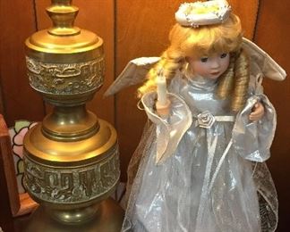 Brass Asian Lamp, Angel with Lights, Crystal Candle Holder