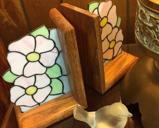 Stained Glass Bookends, Fenton Frosted Bird